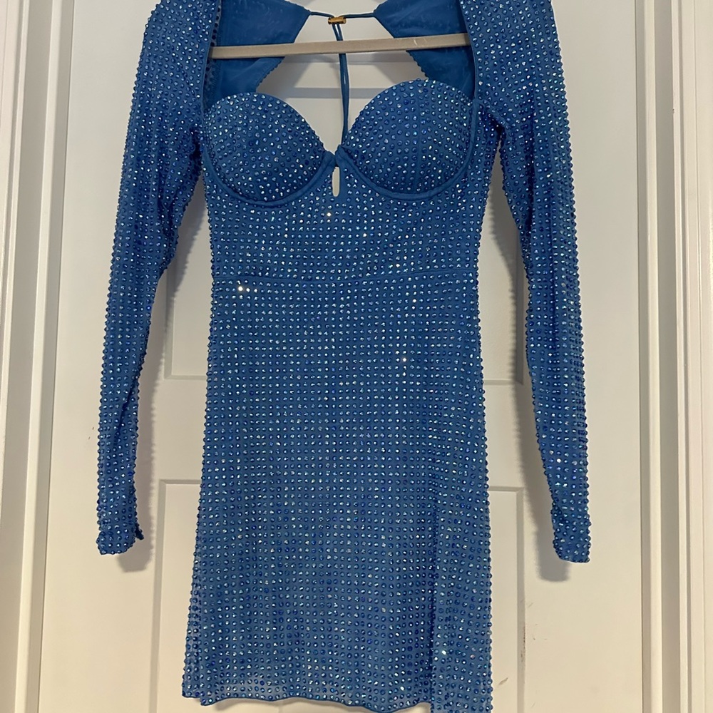 Oh Polly cobalt blue corset open back long sleeve mini dress